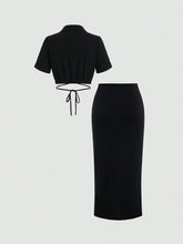 Women's Solid Color Simple Daily Twill Woven Short Sleeve Top And Skirt Set